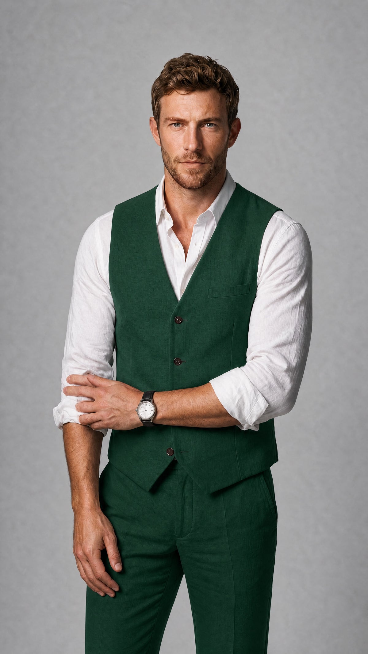Men's Emerald Green Linen Blend Single-Breasted V-Neck Suit Vest | Savile QX0101 - Emerald Green