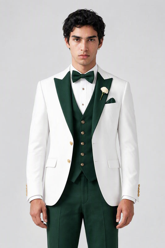 Side angled view of white jacket and emerald green trousers