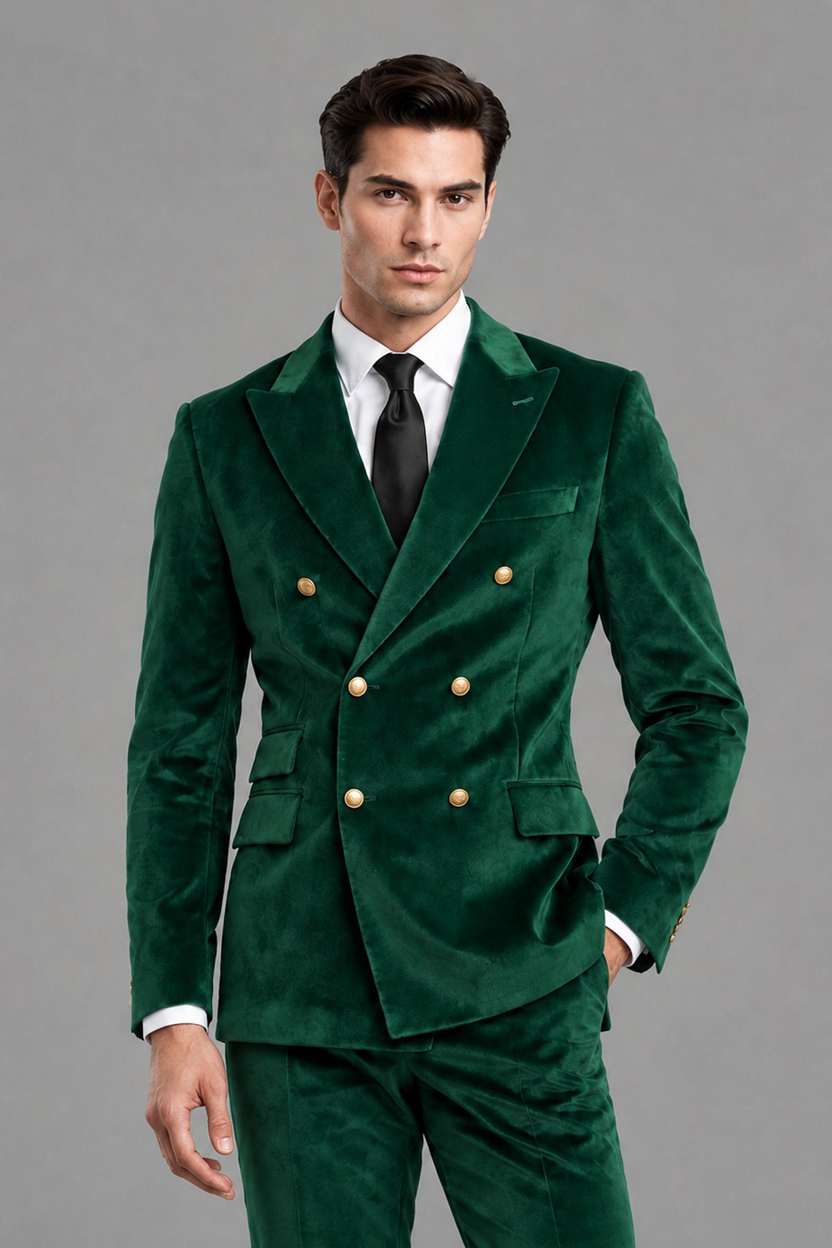 Savile Men's Emerald Green Velvet Double-Breasted 2-Piece Suit Set - Front Hero View