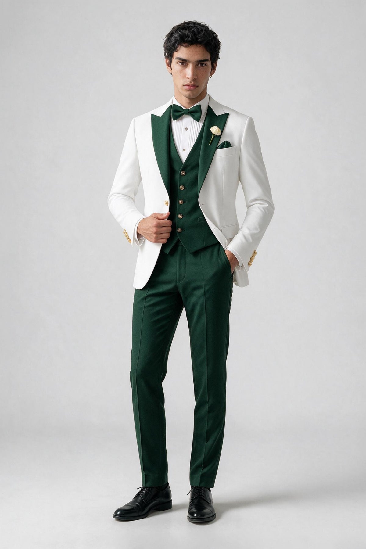 Back view of white suit jacket and emerald green trousers