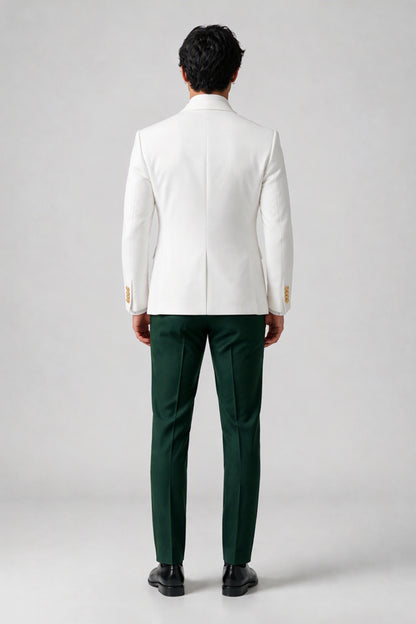 Front full-length view of white jacket with emerald green lapels waistcoat and trousers