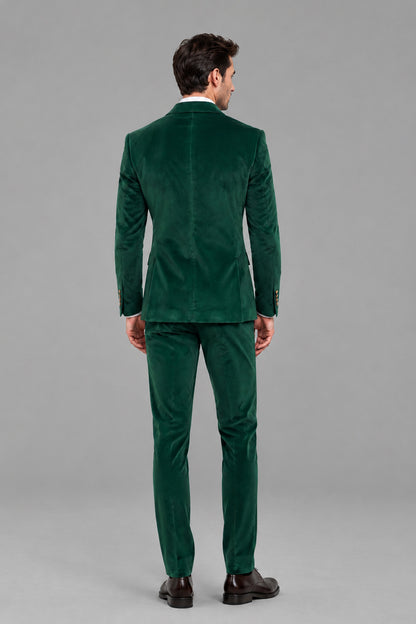 Savile Men's Emerald Green Velvet Blazer - Peak Lapel and Gold Button Close-Up Detail