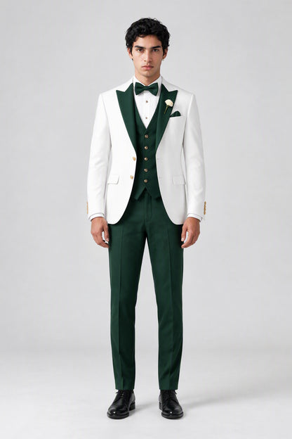 Close front view of white jacket and emerald green waistcoat