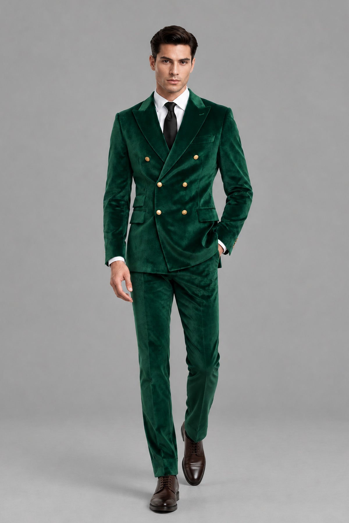 Savile Men's Emerald Green Velvet Suit - Full-Body Front Standing View
