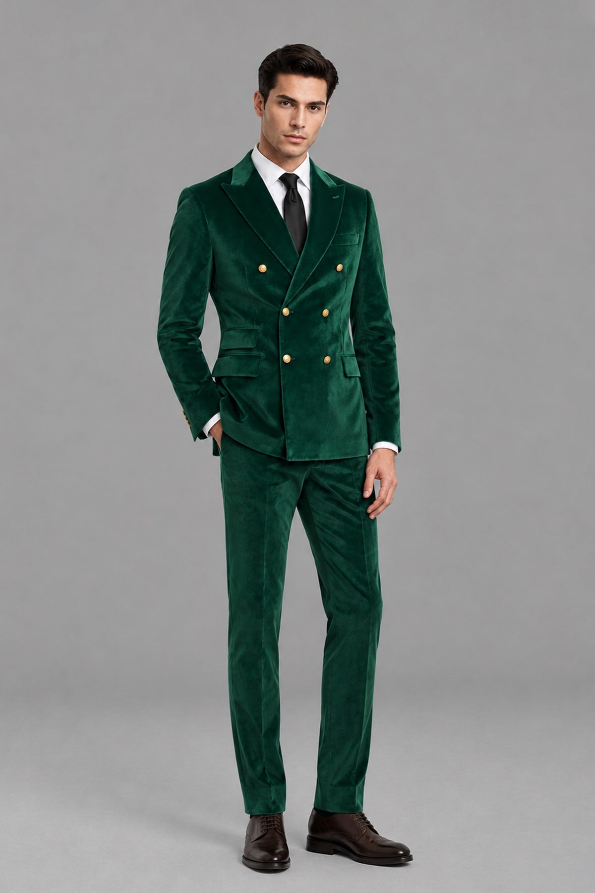 Savile Men's Emerald Green Velvet Double-Breasted Suit - Full-Body Back View