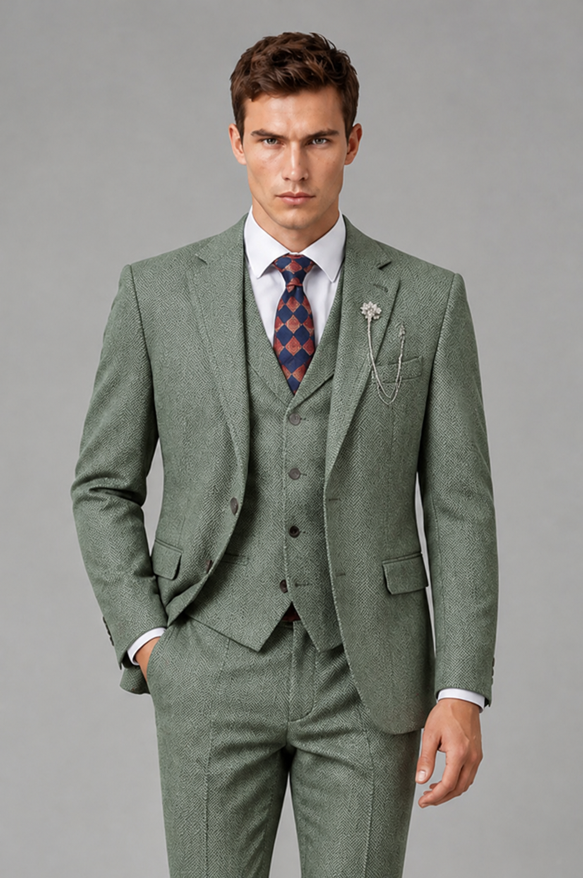 Savile Men's Grey Notch Lapel 3-Piece Suit Set | Jacket, Vest & Trousers - Eucalyptus - Eucalyptus