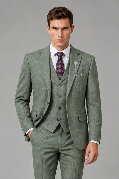 Savile Men's Grey Notch Lapel 3-Piece Suit Set | Jacket, Vest & Trousers - Eucalyptus - Eucalyptus