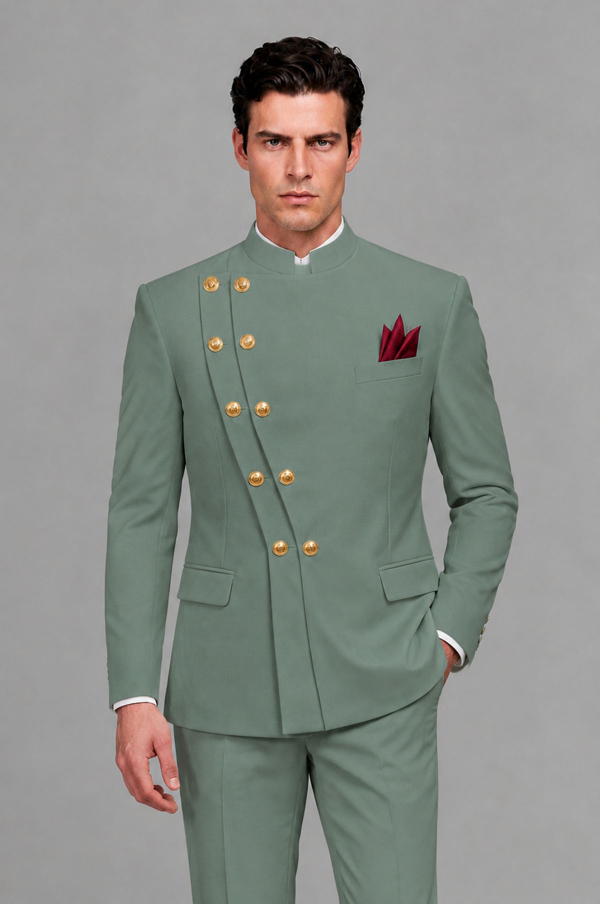 BOLODOO Men's Eucalyptus Asymmetrical Mandarin Collar Tuxedo Suit – Modern 2-Piece Gold Button Wedding, Prom & Gala Set - Eucalyptus - Eucalyptus_01