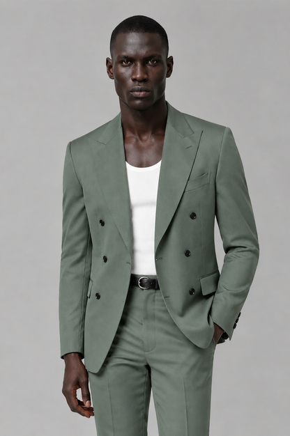 Savile Men's Eucalyptus Double Breasted Slim Fit 2-Piece Suit Set – Blazer & Trousers | Wedding Gala Formal - Eucalyptus - Eucalyptus_01
