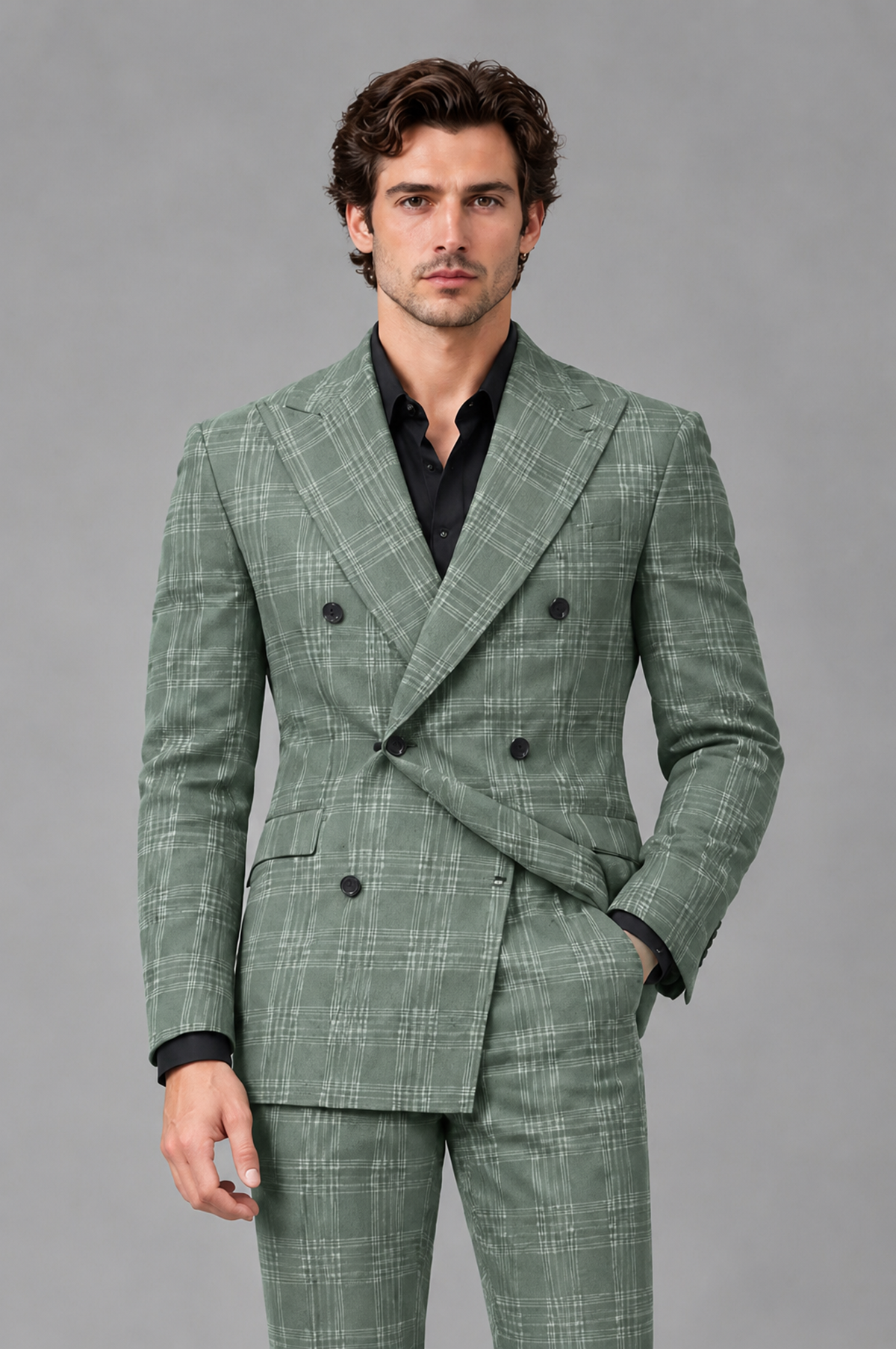 Savile Men's Rust Plaid 2-Piece Double-Breasted Suit – Peak Lapel Slim-Fit Jacket & Trousers Set - Eucalyptus - Eucalyptus