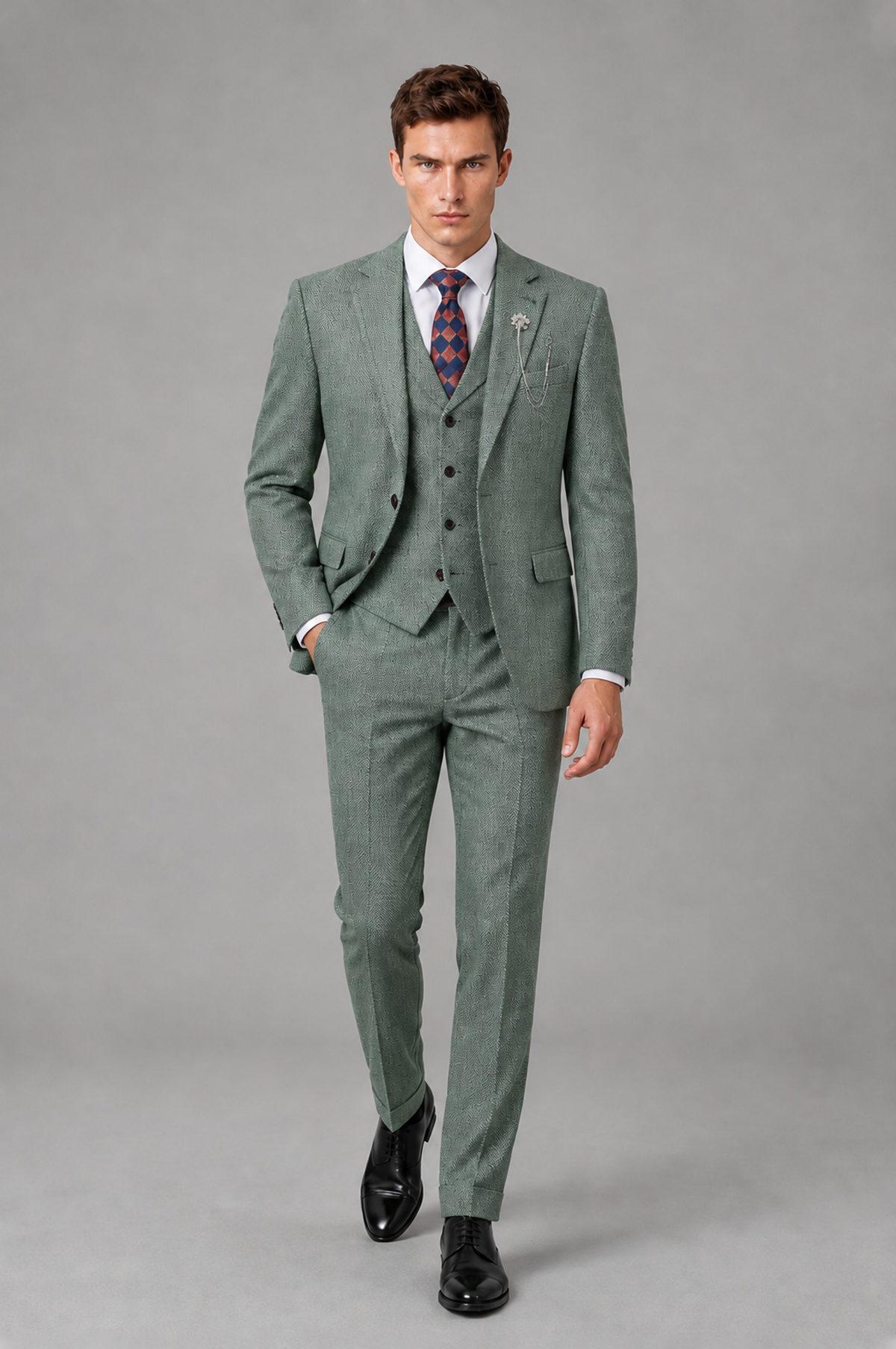 Savile Men's Grey Notch Lapel 3-Piece Suit Set | Jacket, Vest & Trousers - Eucalyptus - Eucalyptus