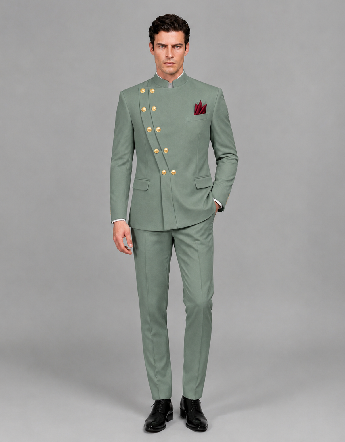 BOLODOO Men's Eucalyptus Asymmetrical Mandarin Collar Tuxedo Suit – Modern 2-Piece Gold Button Wedding, Prom & Gala Set - Eucalyptus - Eucalyptus_02