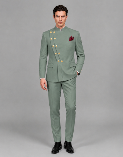 BOLODOO Men's Eucalyptus Asymmetrical Mandarin Collar Tuxedo Suit – Modern 2-Piece Gold Button Wedding, Prom & Gala Set - Eucalyptus - Eucalyptus_02