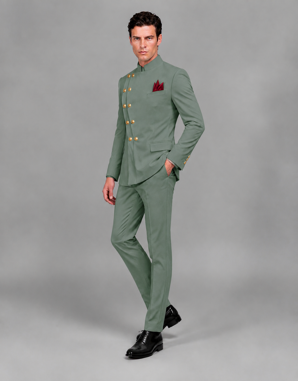 BOLODOO Men's Eucalyptus Asymmetrical Mandarin Collar Tuxedo Suit – Modern 2-Piece Gold Button Wedding, Prom & Gala Set - Eucalyptus - Eucalyptus_04