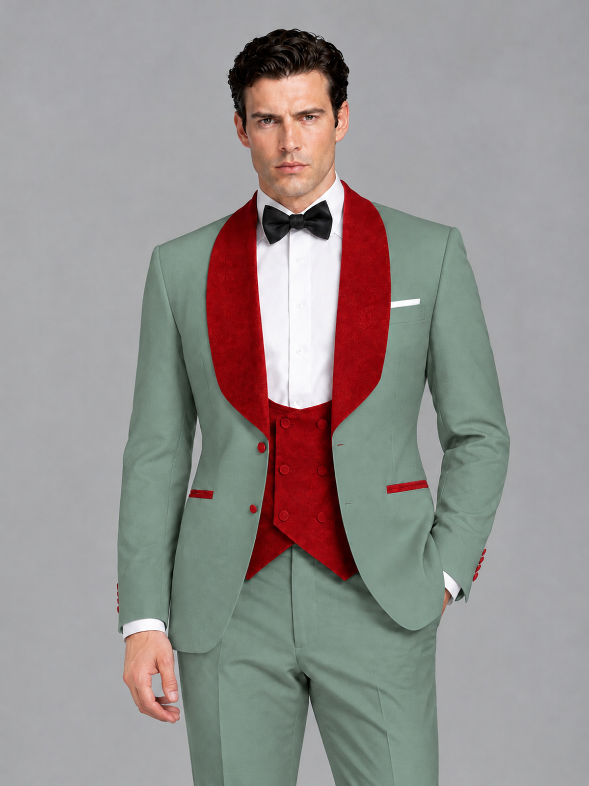 Savile Men's Eucalyptus 3-Piece Tuxedo Suit Set – Contrast Red Shawl Lapel Blazer, Red Waistcoat & Trousers - SUC020 - Eucalyptus