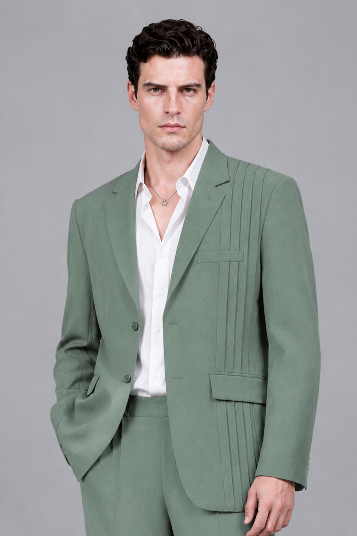 Savile Men's Eucalyptus Pleated 2-Piece Suit Set | Notch Lapel Blazer & Tailored Trousers - Eucalyptus - Eucalyptus_1