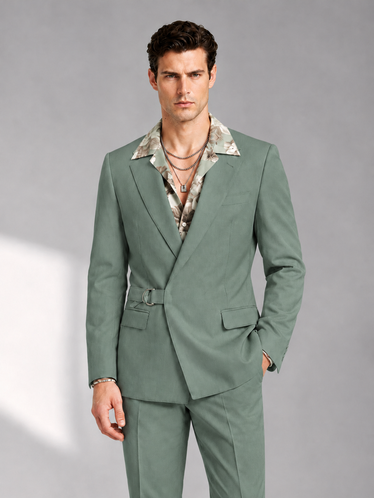 Savile Men's Eucalyptus Belted Wrap 2-Piece Suit – Peak Lapel Blazer & Tailored Trousers - SUC060 - Eucalyptus - Eucalyptus_1