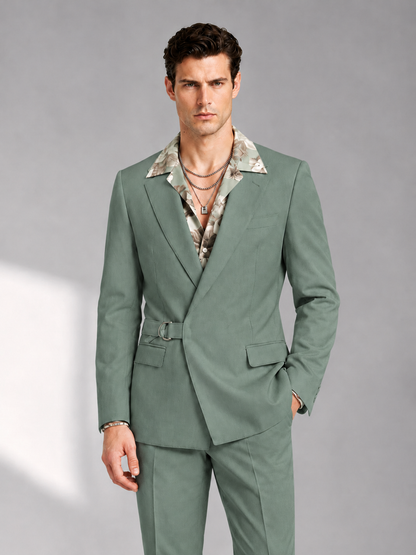 Savile Men's Eucalyptus Belted Wrap 2-Piece Suit – Peak Lapel Blazer & Tailored Trousers - SUC060 - Eucalyptus - Eucalyptus_1