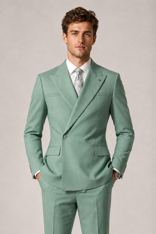 Savile Men's Eucalyptus Double-Breasted Slim Fit 2-Piece Suit Set – Peak Lapel Blazer & Cuffed Trousers | Wedding Prom Formal - Eucalyptus