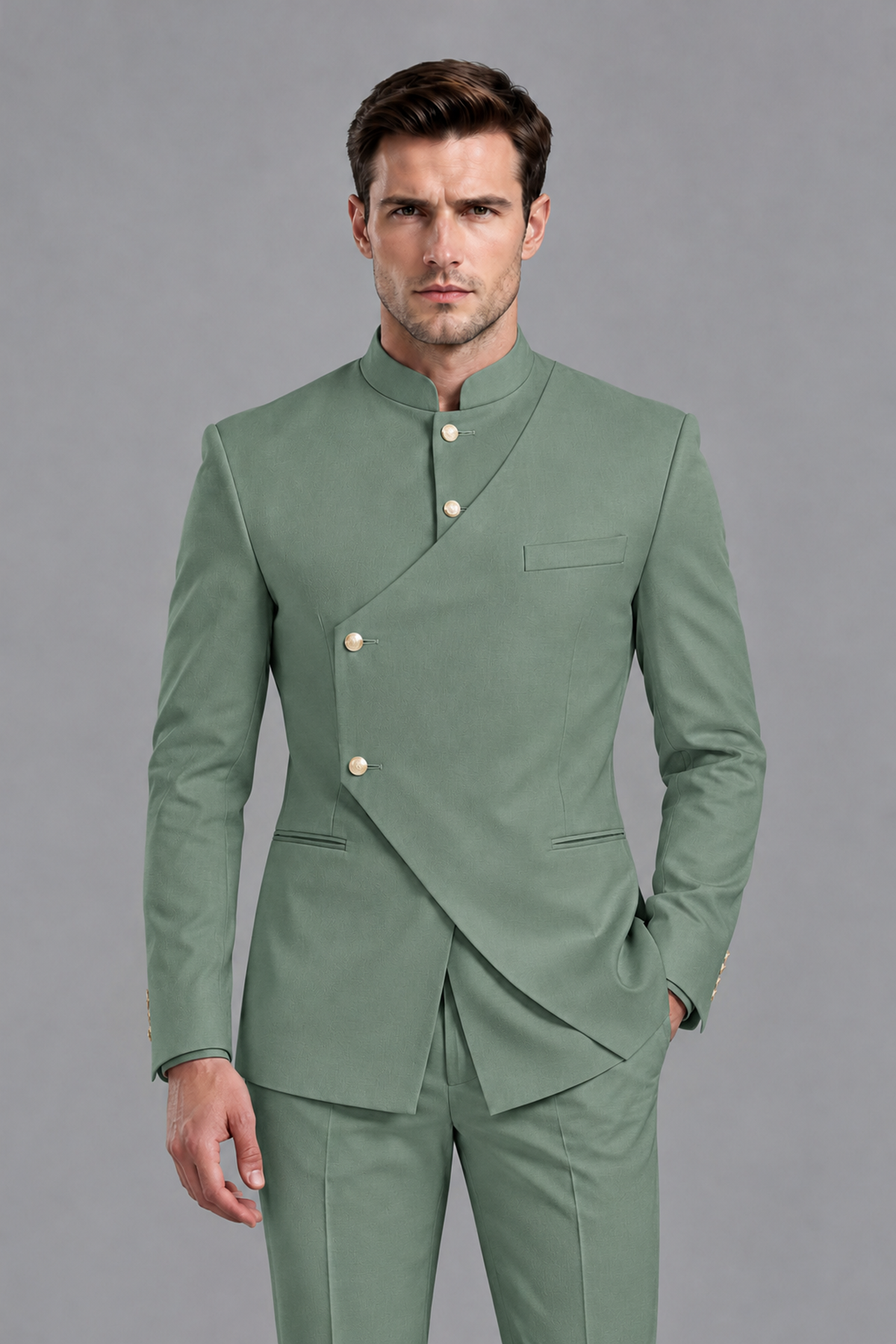 Savile Men's Eucalyptus Asymmetrical Mandarin Collar Tuxedo Suit – Modern 2-Piece Gold Button Wedding, Prom & Gala Set - Eucalyptus - Eucalyptus_1