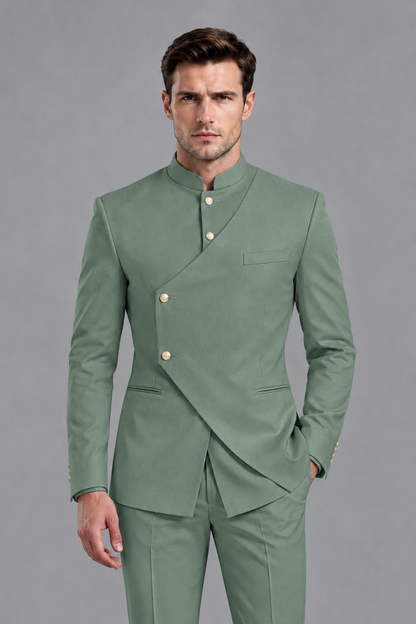 Savile Men's Eucalyptus Asymmetrical Mandarin Collar Tuxedo Suit – Modern 2-Piece Gold Button Wedding, Prom & Gala Set - Eucalyptus - Eucalyptus_1