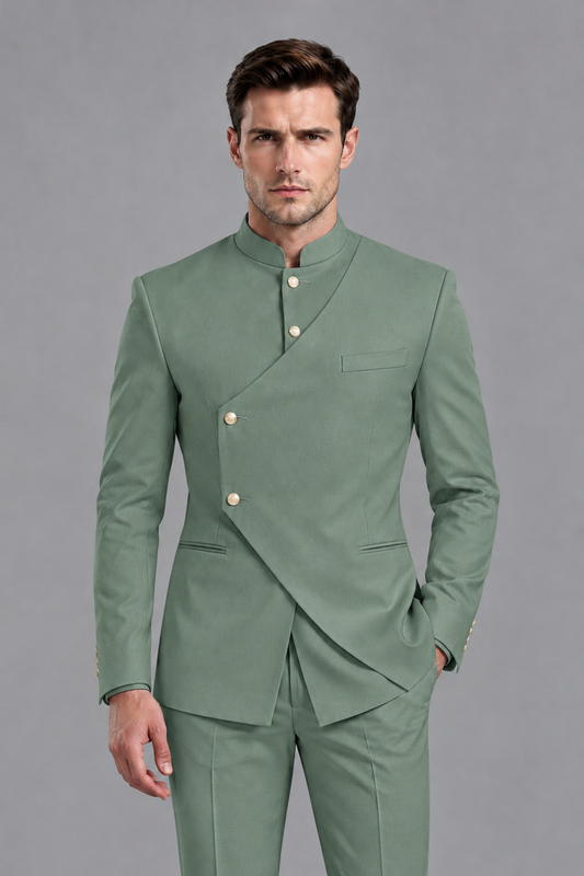 Savile Men's Eucalyptus Asymmetrical Mandarin Collar Tuxedo Suit – Modern 2-Piece Gold Button Wedding, Prom & Gala Set - Eucalyptus - Eucalyptus_1