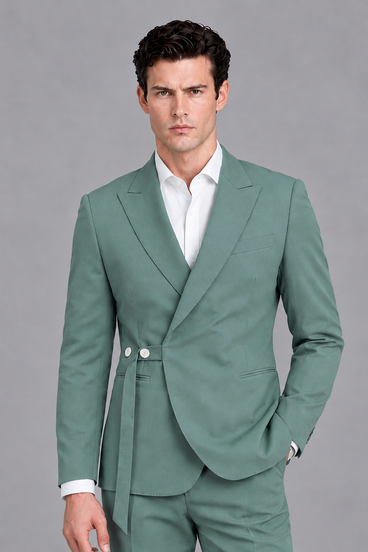 Savile Men's Modern Eucalyptus 2-Piece Wrap Suit Set – Peak Lapel Side-Button Blazer & Tailored Trousers - Eucalyptus - Eucalyptus_1