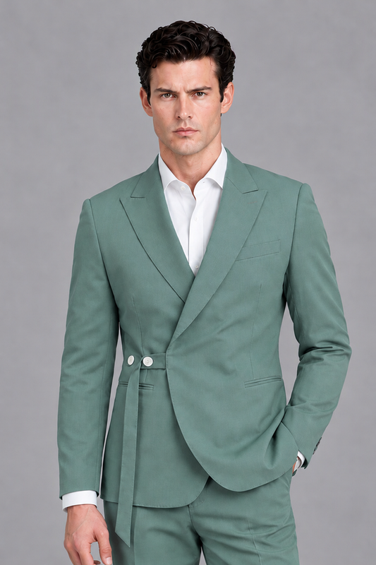 Savile Men's Modern Eucalyptus 2-Piece Wrap Suit Set – Peak Lapel Side-Button Blazer & Tailored Trousers - Eucalyptus - Eucalyptus_1