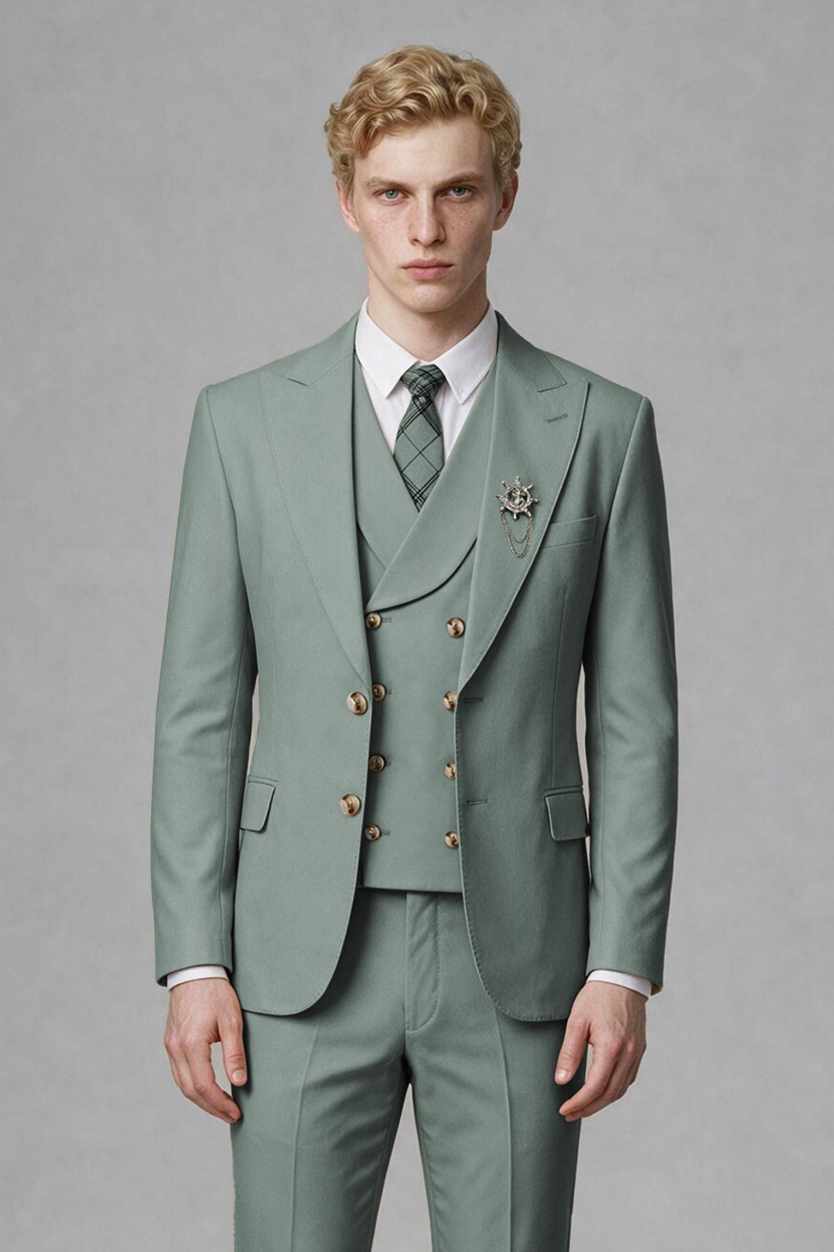 Savile Men's Eucalyptus Three-Piece Wedding Suit with Double-Breasted Waistcoat - Eucalyptus
