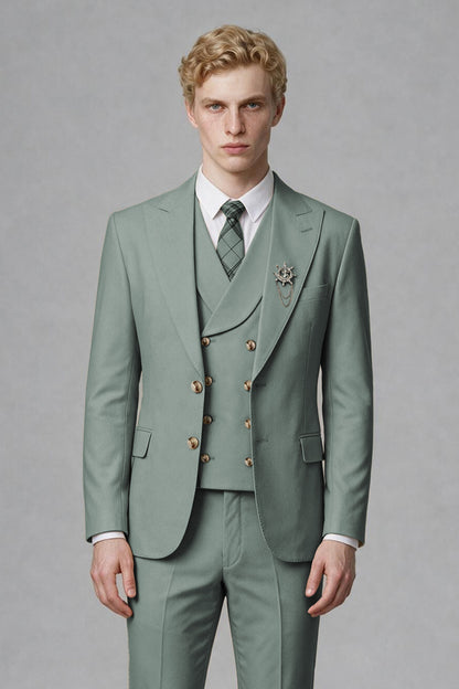 Savile Men's Eucalyptus Three-Piece Wedding Suit with Double-Breasted Waistcoat - Eucalyptus