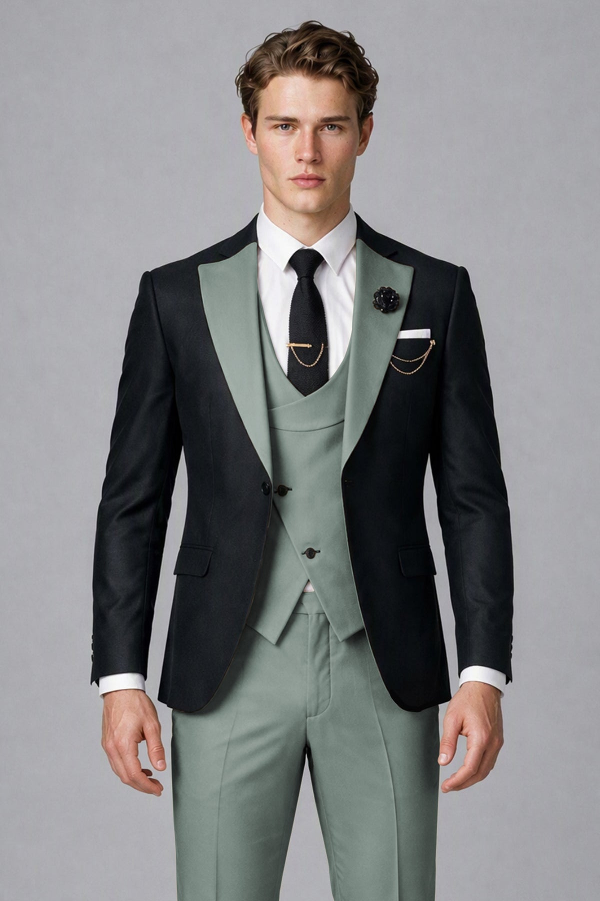 Savile Men's Black & Eucalyptus Three-Piece Wedding Suit - Eucalyptus
