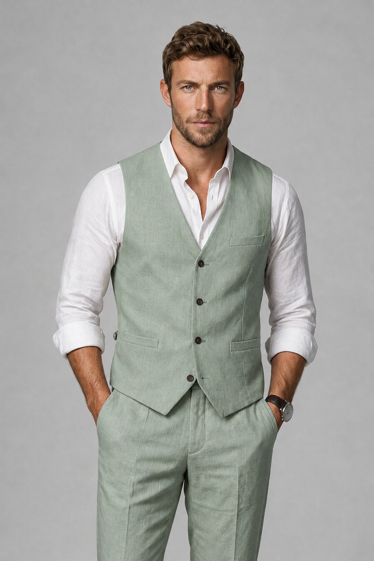 Men's Eucalyptus Linen Blend Single-Breasted V-Neck Suit Vest | Savile QX0101 - Eucalyptus