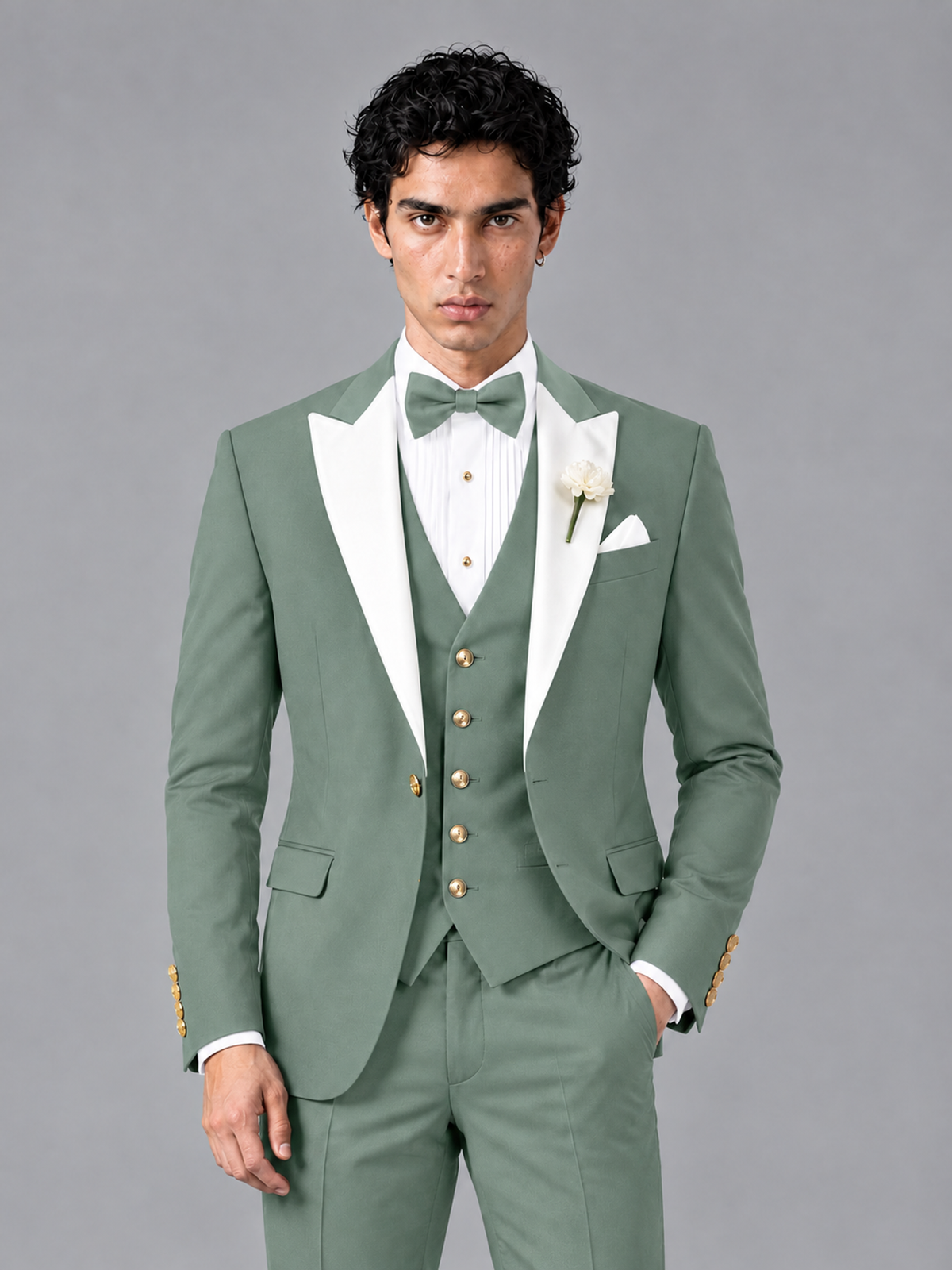 Savile Men's Eucalyptus Contrast White Peak Lapel 3-Piece Tuxedo Suit - Eucalyptus