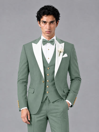 Savile Men's Eucalyptus Contrast White Peak Lapel 3-Piece Tuxedo Suit - Eucalyptus