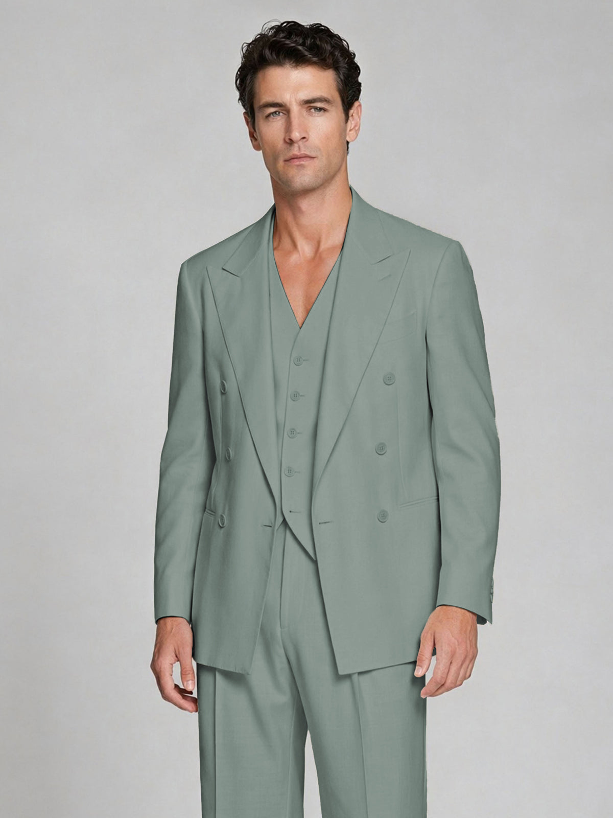 Men's Eucalyptus Double-Breasted 2-Piece Suit – Peak Lapel Wedding & Beach Formal Set with Vest - Eucalyptus