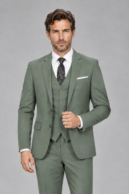 Savile Men's Eucalyptus 3-Piece Suit Set – Notch Lapel Blazer, Vest & Trousers - Eucalyptus - Eucalyptus_1