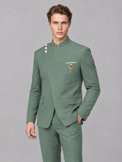 Savile Men's Eucalyptus Mandarin Collar Asymmetrical 2-Piece Suit Set – Modern Jacket & Trousers - Eucalyptus - Eucalyptus_1