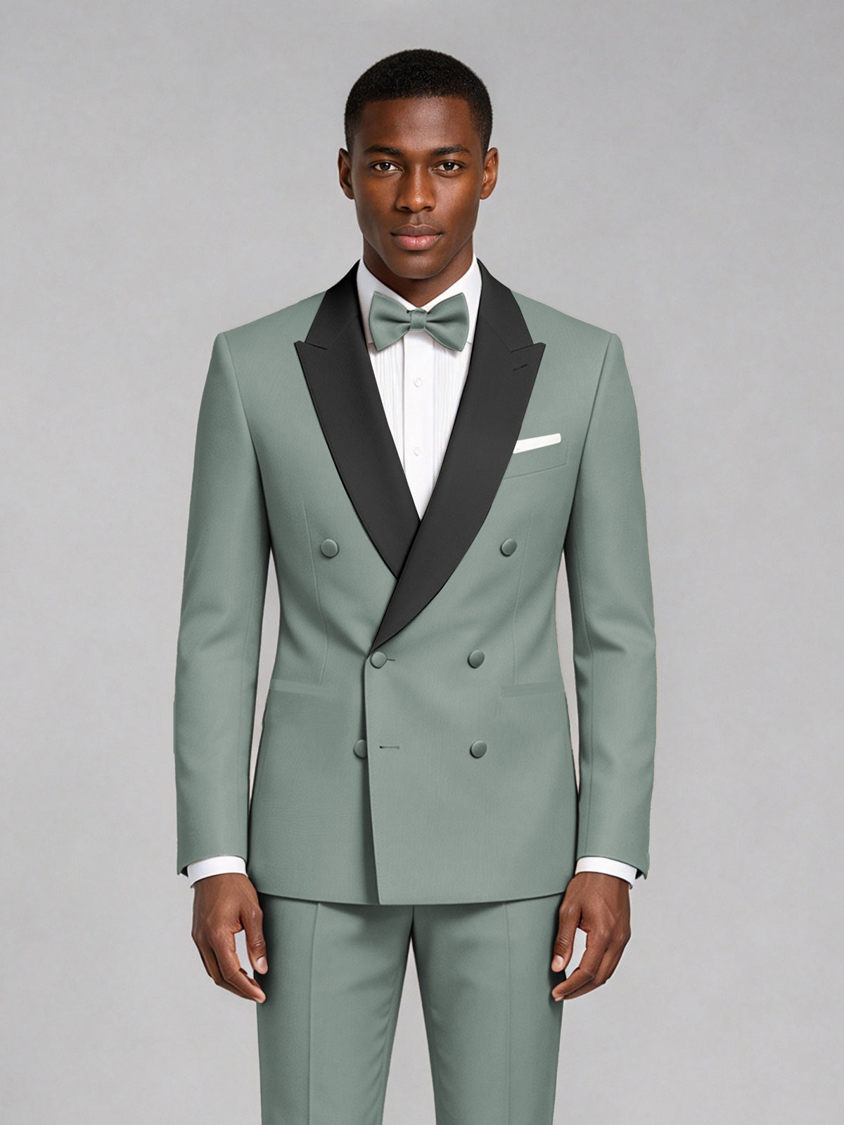 Men's Eucalyptus Double-Breasted Tuxedo Suit – Satin Shawl Lapel Eucalyptus-Tie Wedding & Gala 2-Piece Set - Eucalyptus