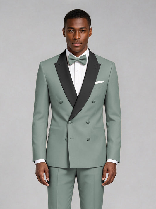 Men's Eucalyptus Double-Breasted Tuxedo Suit – Satin Shawl Lapel Eucalyptus-Tie Wedding & Gala 2-Piece Set - Eucalyptus