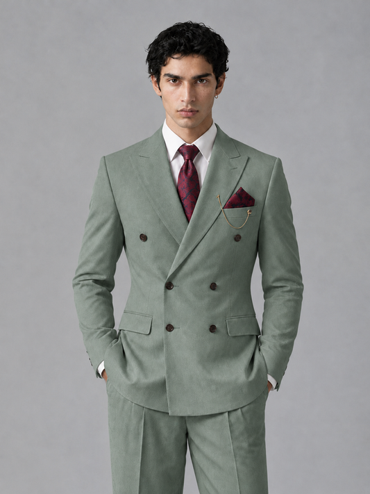 Savile Men's Eucalyptus Double-Breasted 2-Piece Suit Set – Peak Lapel Blazer & Pleated Wide-Leg Trousers - Eucalyptus - Eucalyptus_1