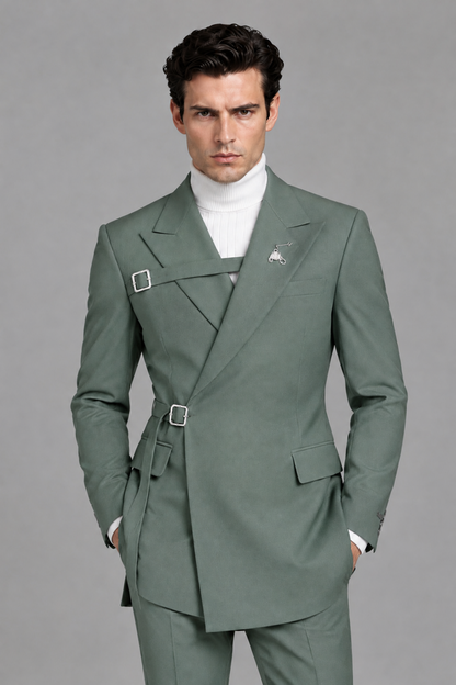 Savile Men's Eucalyptus Double Buckle Wrap Belted 2-Piece Suit Set – Peak Lapel Slim-Fit Jacket & Trousers - Eucalyptus - Eucalyptus_1