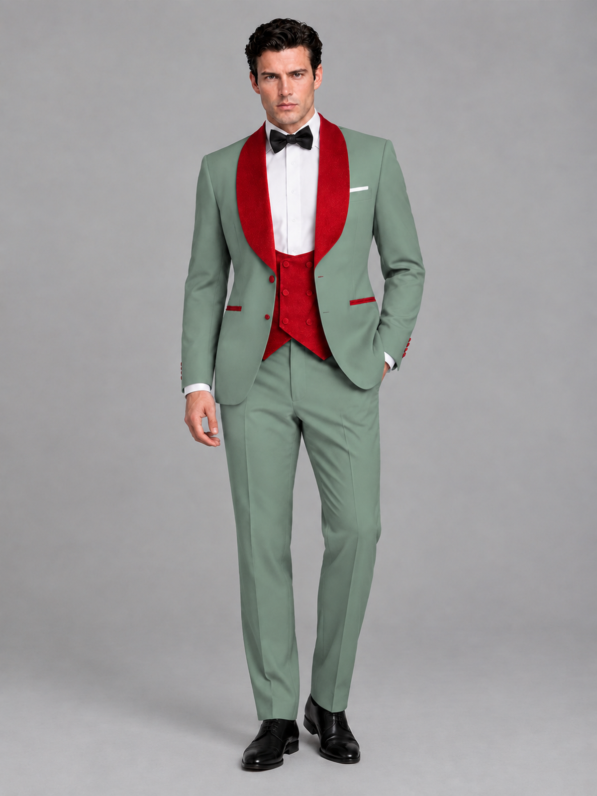 Savile Men's Eucalyptus 3-Piece Tuxedo Suit Set – Contrast Red Shawl Lapel Blazer, Red Waistcoat & Trousers - SUC020 - Eucalyptus