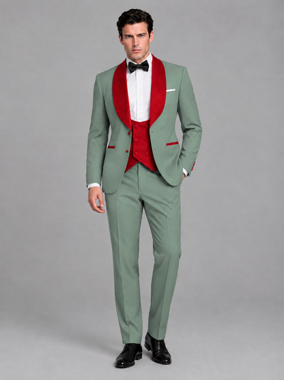 Savile Men's Eucalyptus 3-Piece Tuxedo Suit Set – Contrast Red Shawl Lapel Blazer, Red Waistcoat & Trousers - SUC020 - Eucalyptus