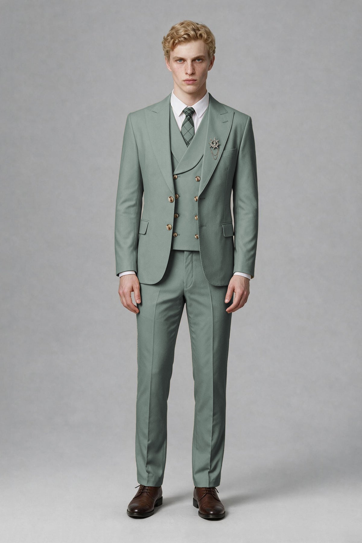 Savile Men's Eucalyptus Three-Piece Wedding Suit with Double-Breasted Waistcoat - Eucalyptus