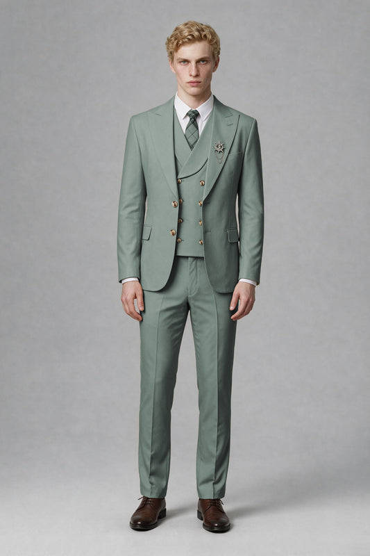 Savile Men's Eucalyptus Three-Piece Wedding Suit with Double-Breasted Waistcoat - Eucalyptus