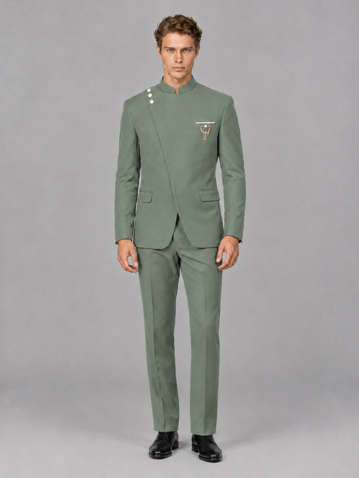 Savile Men's Eucalyptus Mandarin Collar Asymmetrical 2-Piece Suit Set – Modern Jacket & Trousers - Eucalyptus - Eucalyptus_2