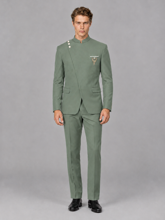 Savile Men's Eucalyptus Mandarin Collar Asymmetrical 2-Piece Suit Set – Modern Jacket & Trousers - Eucalyptus - Eucalyptus_2