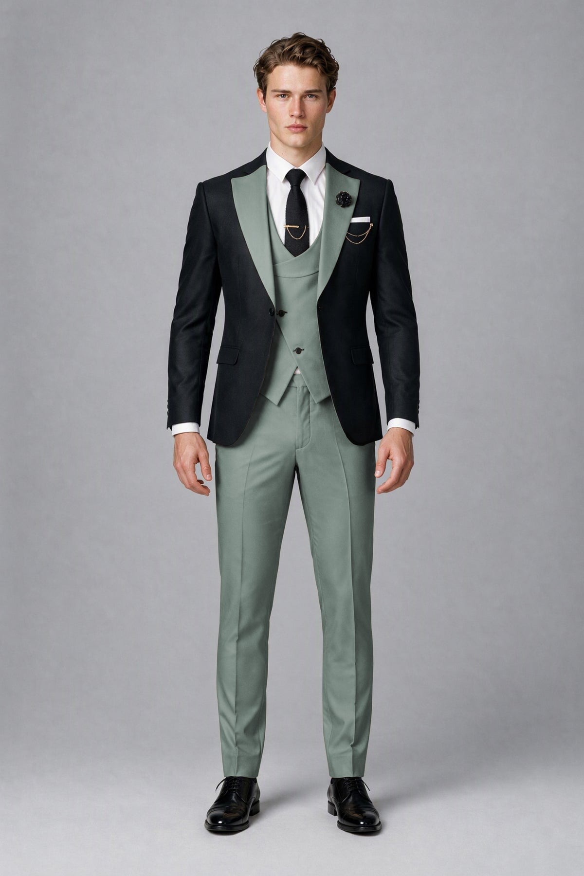 Savile Men's Black & Eucalyptus Three-Piece Wedding Suit - Eucalyptus