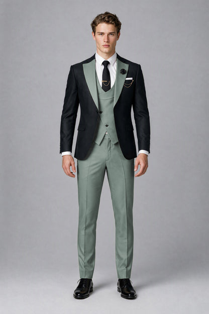 Savile Men's Black & Eucalyptus Three-Piece Wedding Suit - Eucalyptus