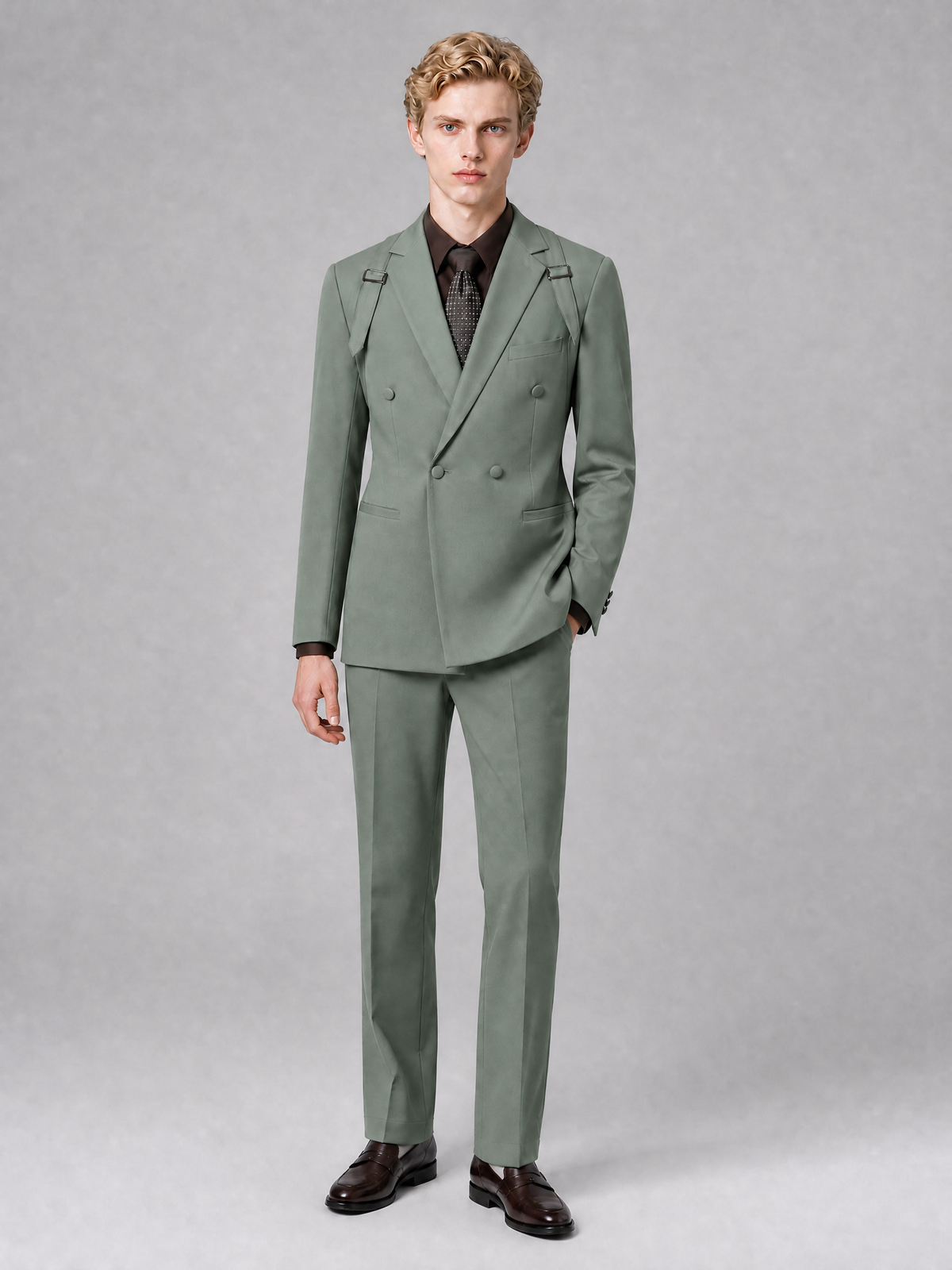 Men's Light Eucalyptus Double-Breasted Slim Fit 2-Piece Suit – Peak Lapel Wedding & Business Formal Set - Eucalyptus - Eucalyptus_2